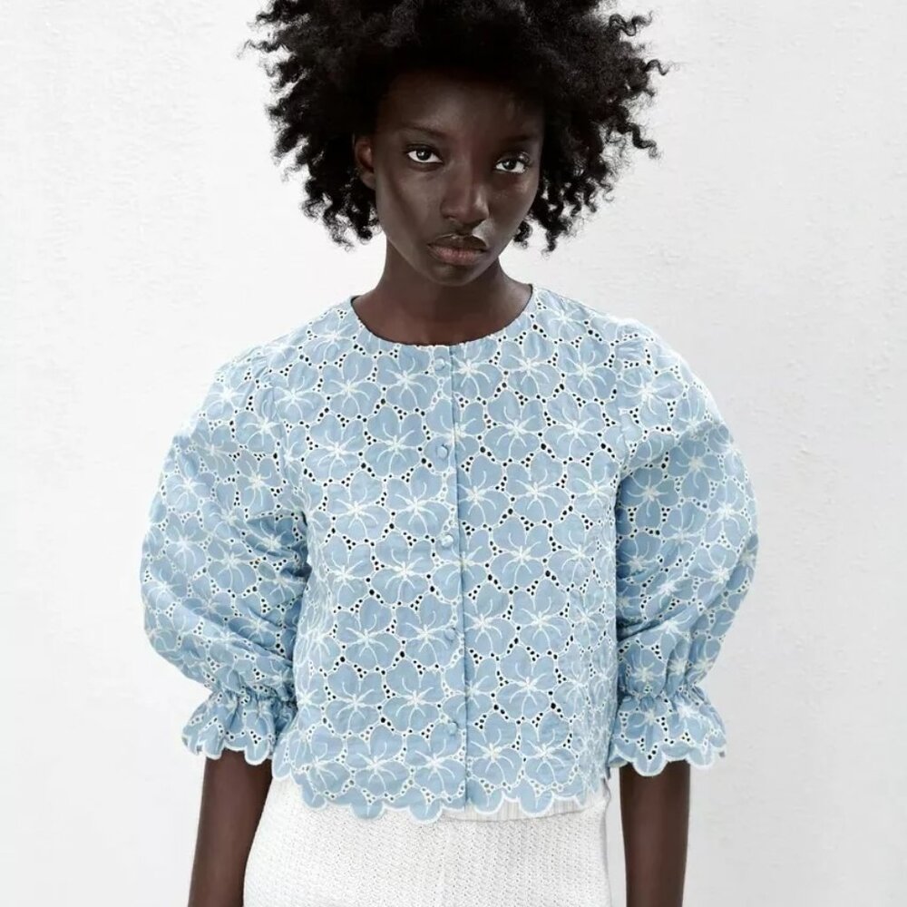 Zara Blue Floral Openwork Embroidery Shirt